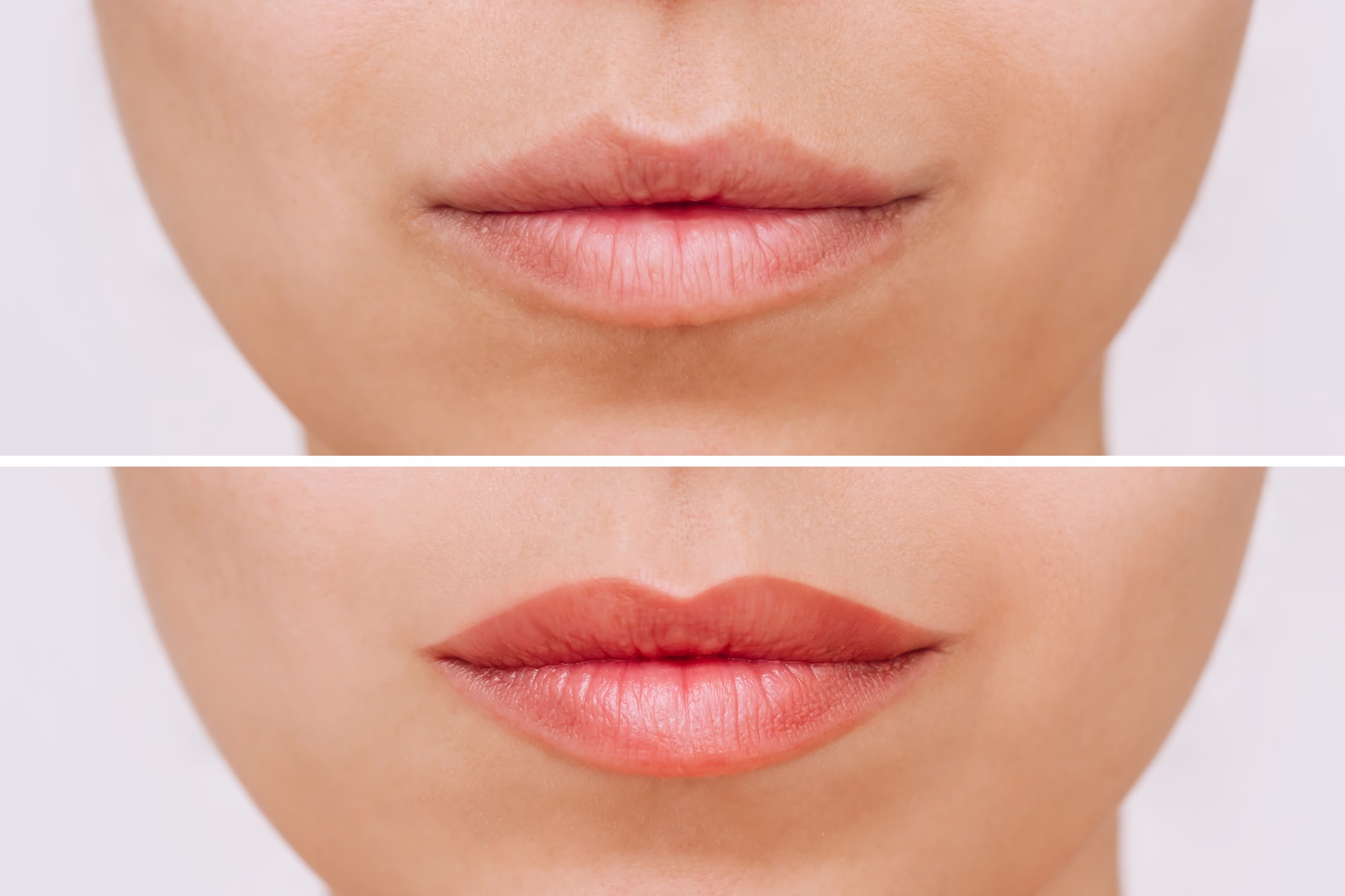 Young woman’s face with lips before and after permanent makeup. Lip tattooing. Using of a lip pencil